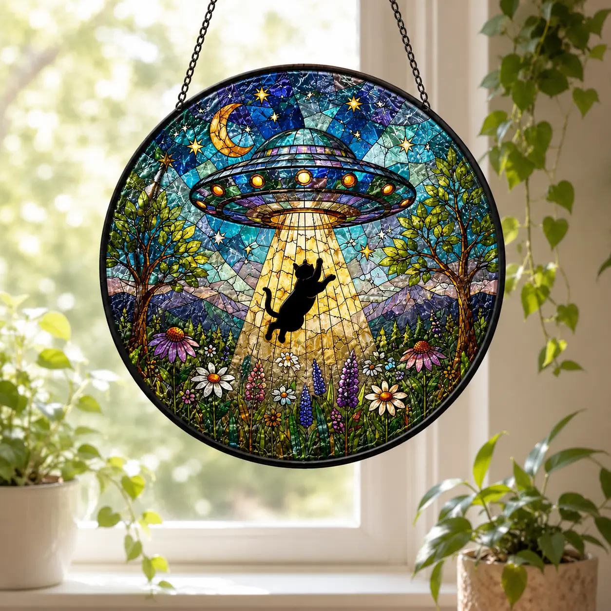 UFO Black Cat Stained Glass Suncatcher, Alien Abduction Window Hanging, Cosmic Cat Lover Decor, Whimsical Sci-Fi Home Gift