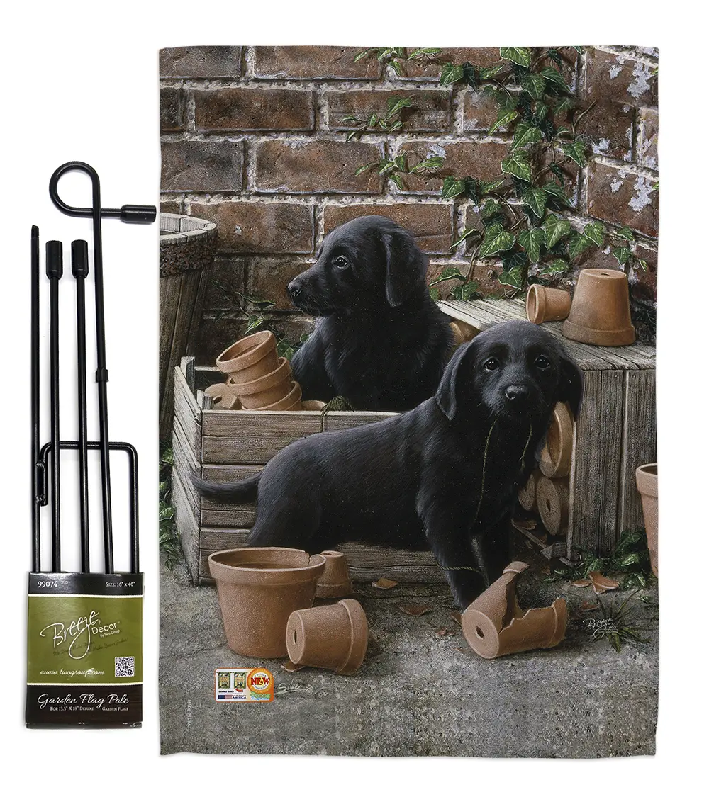 Breeze Decor BD-PT-GS-110007-IP-BO-D-US15-AL 13" X 18.5" in. Black Lab Pups Nature Pets Vertical Double Sided Mini Garden Flag Set with Banner Pole
