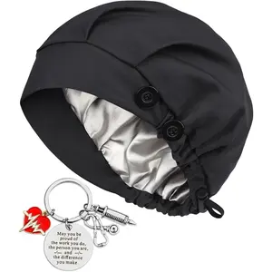 2Pcs Satin Lined Bouffant Scrub Cap with 4 Buttons and Sweatband Adjustable