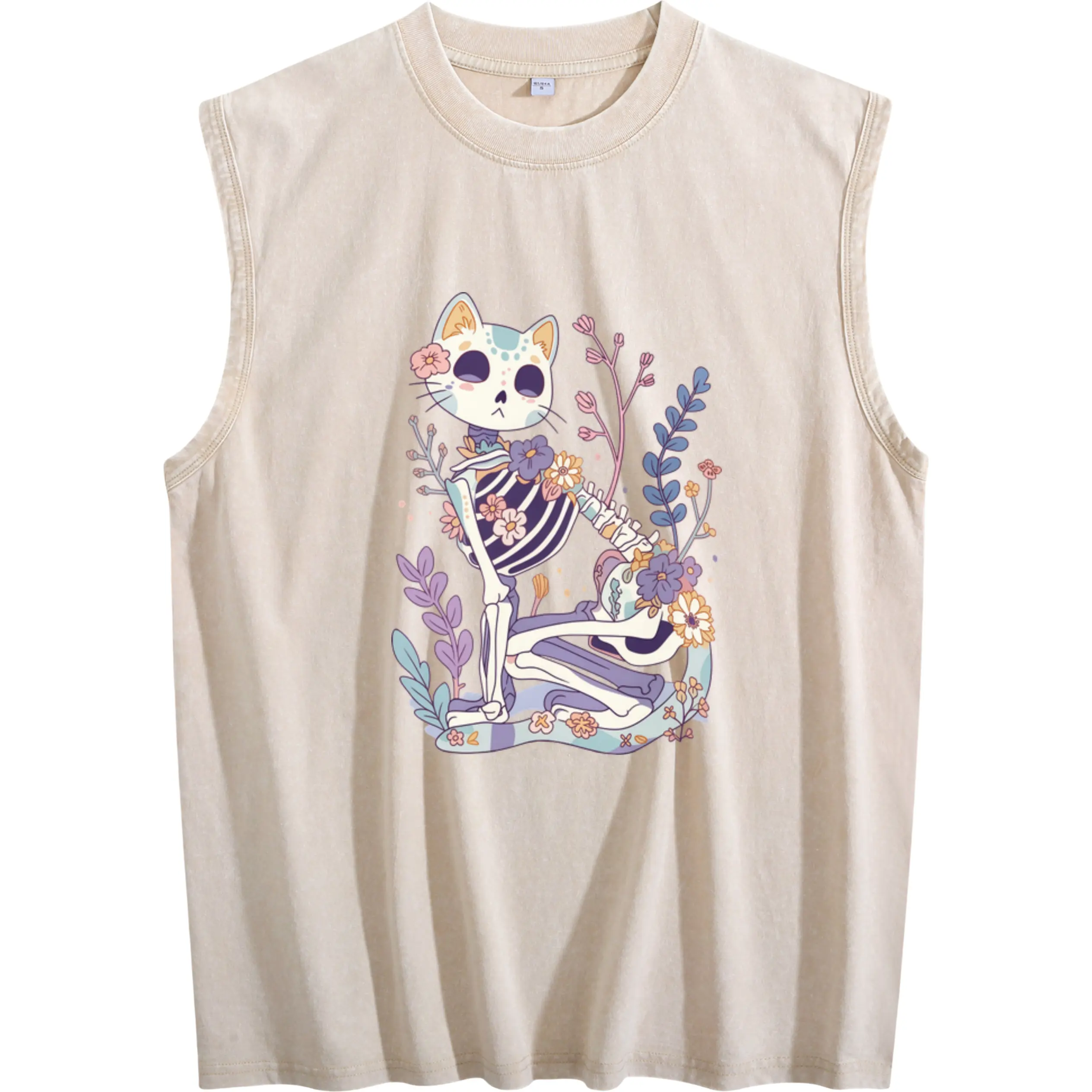 Men's Pastel Goth Sleeveless Vest with Gothic Cat & Skeleton Print – Soft, Comfortable, Retro Kawaii Style for Casual Wear