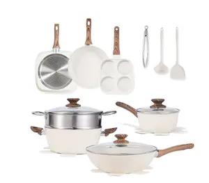 17pcs Non-Stick Cookware Set, Pots and Pans Set with Detachable Handle for Kitchen, Beige