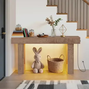 63" Farmhouse Console Table with LED Light & Power Outlets – Narrow Sofa Table – Open Storage – Natural Oak