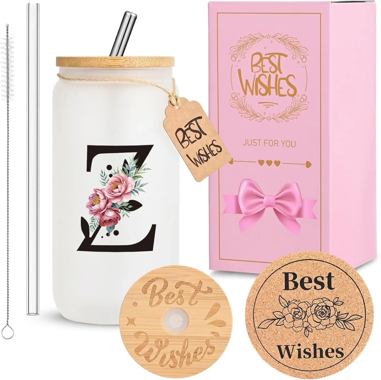 Women's Personalized Engraved 16oz Frosted Glass Cup Set - Stainless Steel Straw, Reusable Lid, Cork Coaster & Gift Box for Iced Coffee, Teachers' Day Gifts, Resistance, Washable