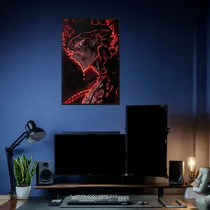 Black Clover Asta Poster, Crimson Devil Union Anti-Magic Aura Silhouette with Red Neon Outline and Katana Edge Shards, on High Quality Cardboard Sharp Pattern Poster for Anime Enthusiasts Home or Office Decor Gift for Black Clover Fans