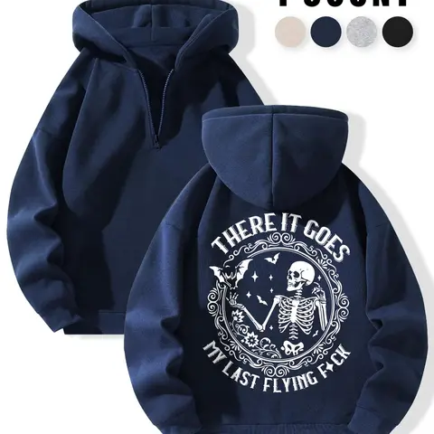 Women's Skeleton & Bat & Letter Print Half Zip Up Long Sleeve Drop Shoulder Hoodie, Graphic Hoodie Sweatshirt, Fashion Casual Hooded Sweatshirt for Daily Outdoor Wear, Women Clothing for Fall & Winter, Hooded Top