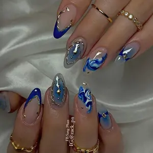 Bowtie Nailbox | Luxury Blue & Gold Marble Abstract Fluid Art Handmade Reusable Press On Nails Gel Nail Almond Baroque Trendy Glossy Design 2025 High Conversion