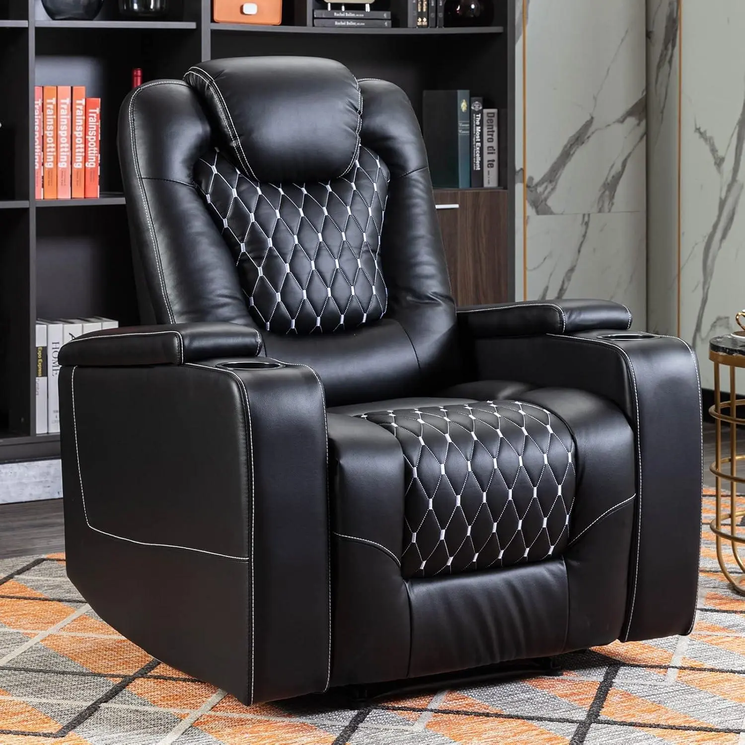 EBELLO PU Leather Power Recliner Chair - 350lb Capacity, USB Ports, Cup Holders, Hidden Arm Storage, Overstuffed Electric Home Theater Seating, Easy-to-Clean Indoor Furniture, 35"w x 33"d x 41"h, Deluxe Back Texture Design (Black), Remote, Luxury Look, Hi