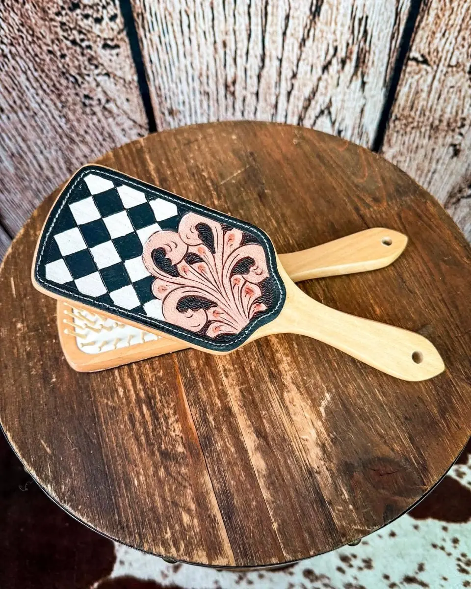 Checkered Tooled Leather Hair Brush by Countryside Co.