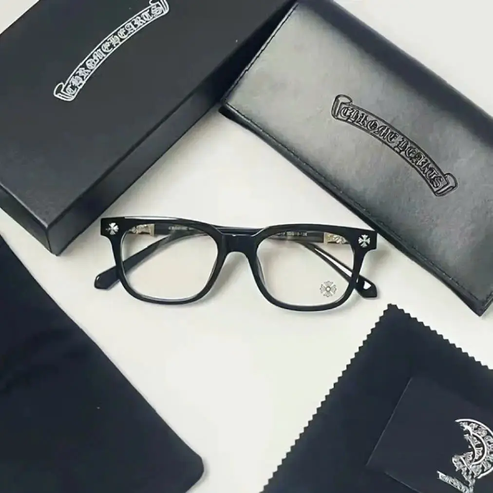 High-End Chrome Hearts Square Eyeglass Frames for Men & Women, Luxury Black Gold Cross Detail Optical Glasses, Premium Designer Style Unisex Frames with Leather Case