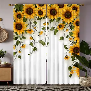 Sunflower Wall Print Curtains Set, Fashionable Rod Pocket Window Drapes for Bedroom & Living Room, Comfortable Atmosphere, Easy Installation