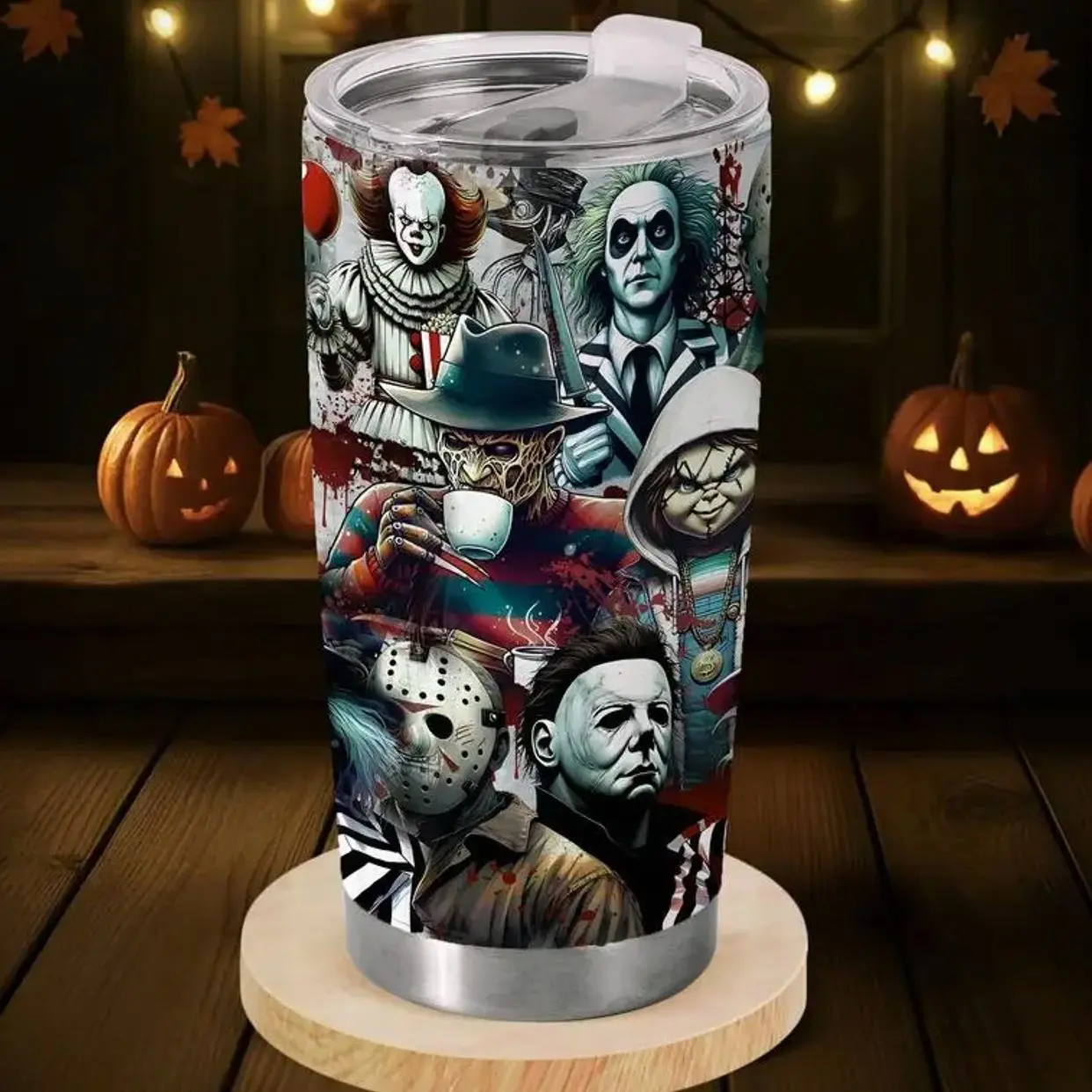 20oz (590ml) Portable Stainless Steel Vacuum Flask Tumbler - Thermal Insulated Kitchen Drinkware, Funny Horror Movie Slasher Art Design, Lid Included, Unique Halloween Gift for Adults, Hand-Wash Recommended Travel Coffee Cup