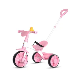 KRIDDO Parent-Assisted Sport 2-in-1 Pink Toddler Trike | Parent Push Tricycle w/ Adjustable Handle, Detachable Pedals, Storage Bucket & Duck Bell | Parent-Control & Independent Riding for Boys & Girls Ages 18 Months–3 Years