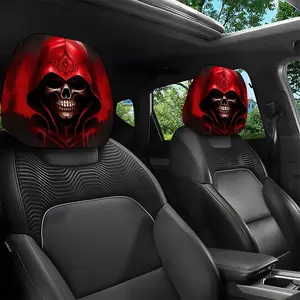 2pcs Red Hooded Skull Car Headrest Covers, Car Accessories, Universal Fit for All Seasons, Perfect for Long Trips & Daily Commutes, Halloween & Christmas Decorations 2.06LYY-27