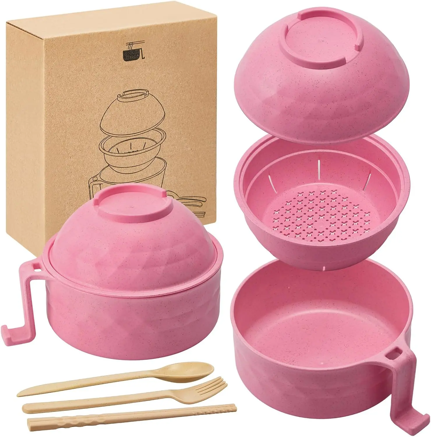Microwave-Safe Ramen Bowl Tableware Set with Handle, Cutlery (Spoon, Fork, Chopsticks) - For Noodles, Soups - Ideal for Dorms, Christmas Gift Kitchenware Container