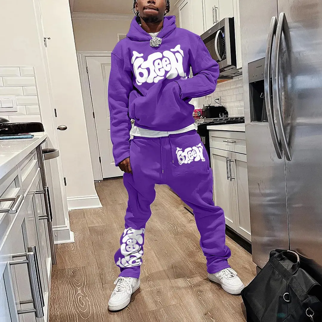 Men's Streetwear Graphic Print Tracksuit, 2-Piece Menswear Outfit with a Long Sleeve Hoodie and Casual Jogger Pants
