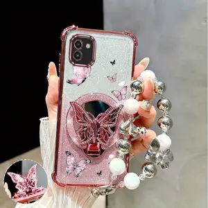 A03 Impact Resistant Transparent Glitter Shiny Pearl Strap Lanyard Phone Holder Case For Compatible With Samsung Galaxy A03 Luxurious Elegant Beautiful Purple Butterfly Stand Cover