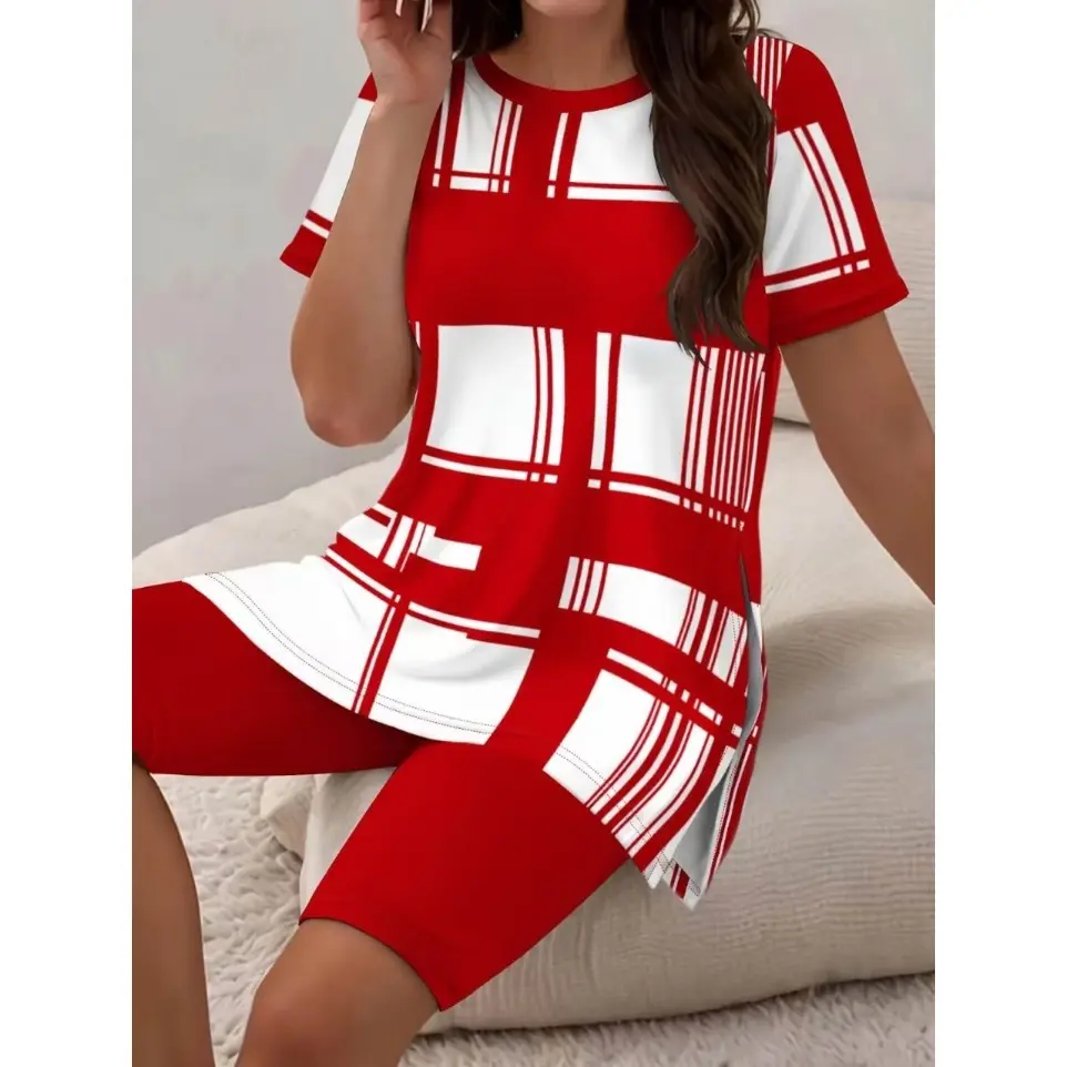 Summer Casual Plaid Print 2 Piece Outfit for Women Short Sleeve Tunic Top and Biker Shorts Loungewear Set