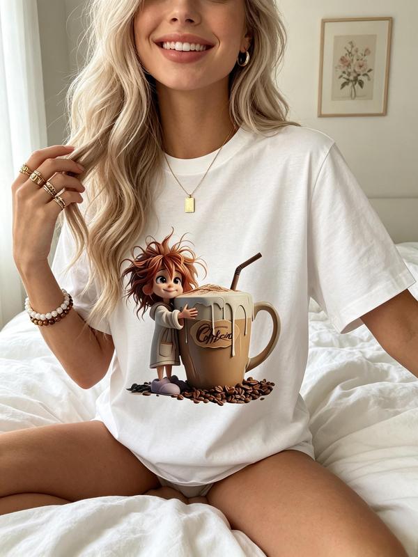 Women's Cotton Cropped Casual Fitted T-Shirts - Soft Fabric, Crew Neck, Short Sleeve, Kawaii Cartoon Coffee Lover Print, Stylish Cute Tops for Valentine's Day