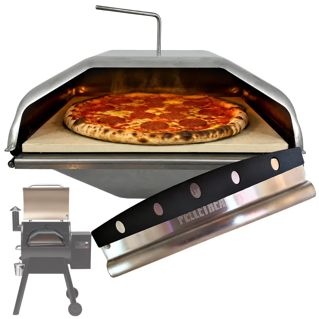 Full Size Pellet Pizza Oven Attachment for Wood-Fired Artisan Pizzas, Fits Most Traeger Pellet Smoker Grill Models with a Center Burnpot ~ Rocker-Style Pizza Cutter Included