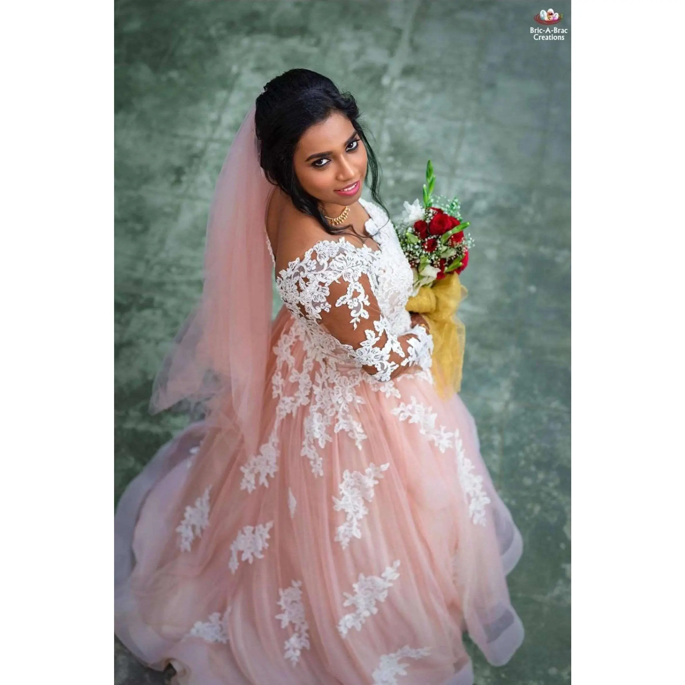 Women's Isabella A-Line Lacy Tulle Wedding Dress with Sheer Fitted Sleeves, Pearl Beading, Chapel Train, Blush Pink, Full-Length, Zip Closure