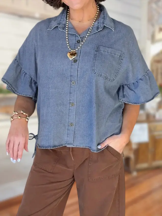 Sage Vell 100% Cotton Denim Button Down Shirt Collar Ruffle Short Sleeve Pocket Side Drawstring Loose Fit Casual Top