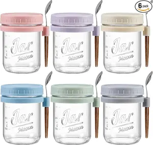Airtight Glass Overnight Oats Containers 6 Pack with Lids & Spoons, 16 oz Glass Mason Jars for Milk, Cereal, and Fruit Kitchen Utensils Silicone Steel