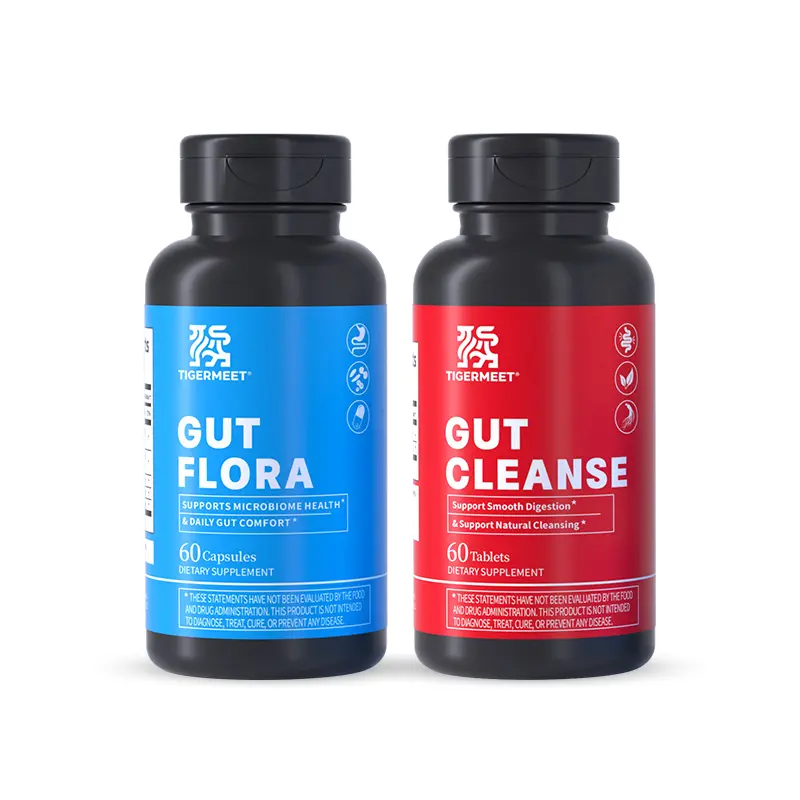 TIGERMEET Gut Wellness Bundle - Dietary Supplement with Gut Health Vitamins, Flora Capsules, Herbal Digestive Support Tablets, Glucosamine Nutrients & Ginseng Extract Liquid for Daily Balance & Comfort