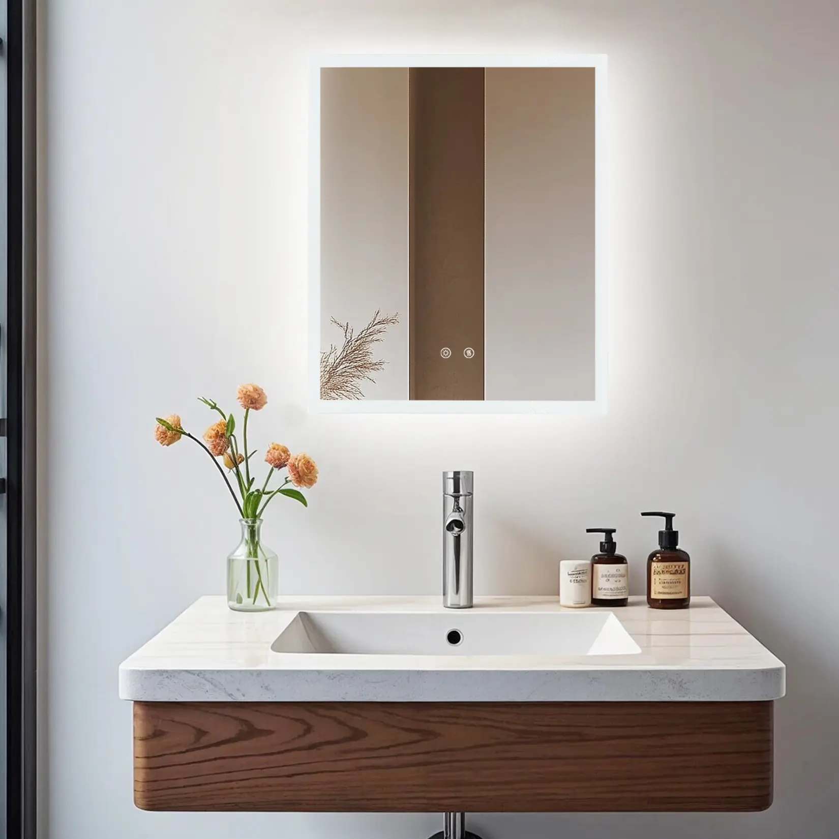 Modern Rectangle Bathroom Wall Mirror with Backlight - 2.8kg Neutral Light, Anti-Fog, Shatterproof Glass, Memory Mode, Vertical/Horizontal Mounting, Warm Lighting for Makeup Room Indoor Lights