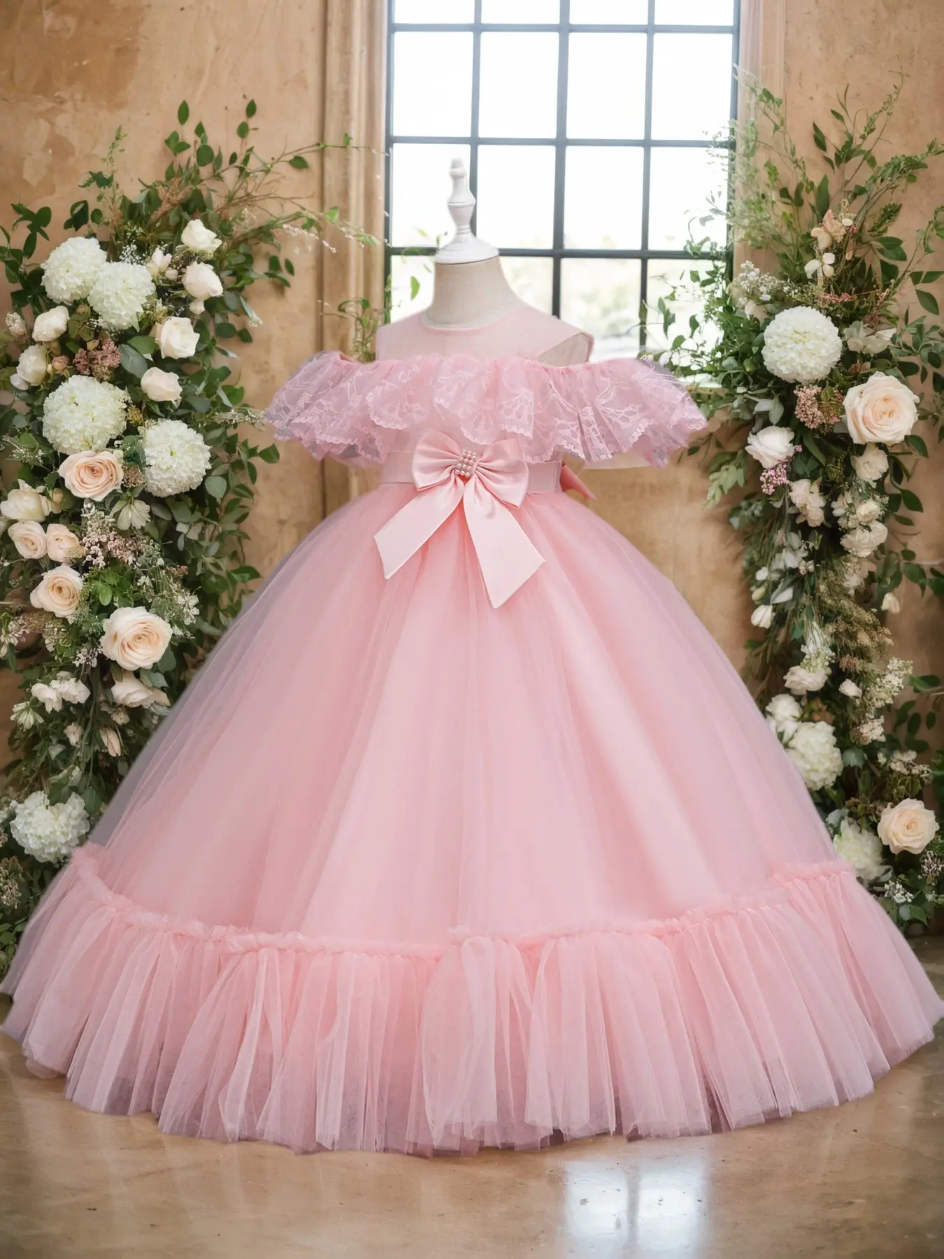 Elegant Long Dress for Girls, Lace Decoration, Off-Shoulder Design, Perfect for Special Occasions and Parties, Birthday Party Dresses, Kids Fashion Clothing, Princess Peach Dress Poof, Birthday Clothes