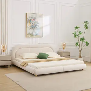 King Size Bed Frame with Rounded Headboard, Velvet Upholstered King Platform Bed with Wood Slats, Low Profile Platform Bed Frame for Bedroom, No Box Spring Needed, Beige