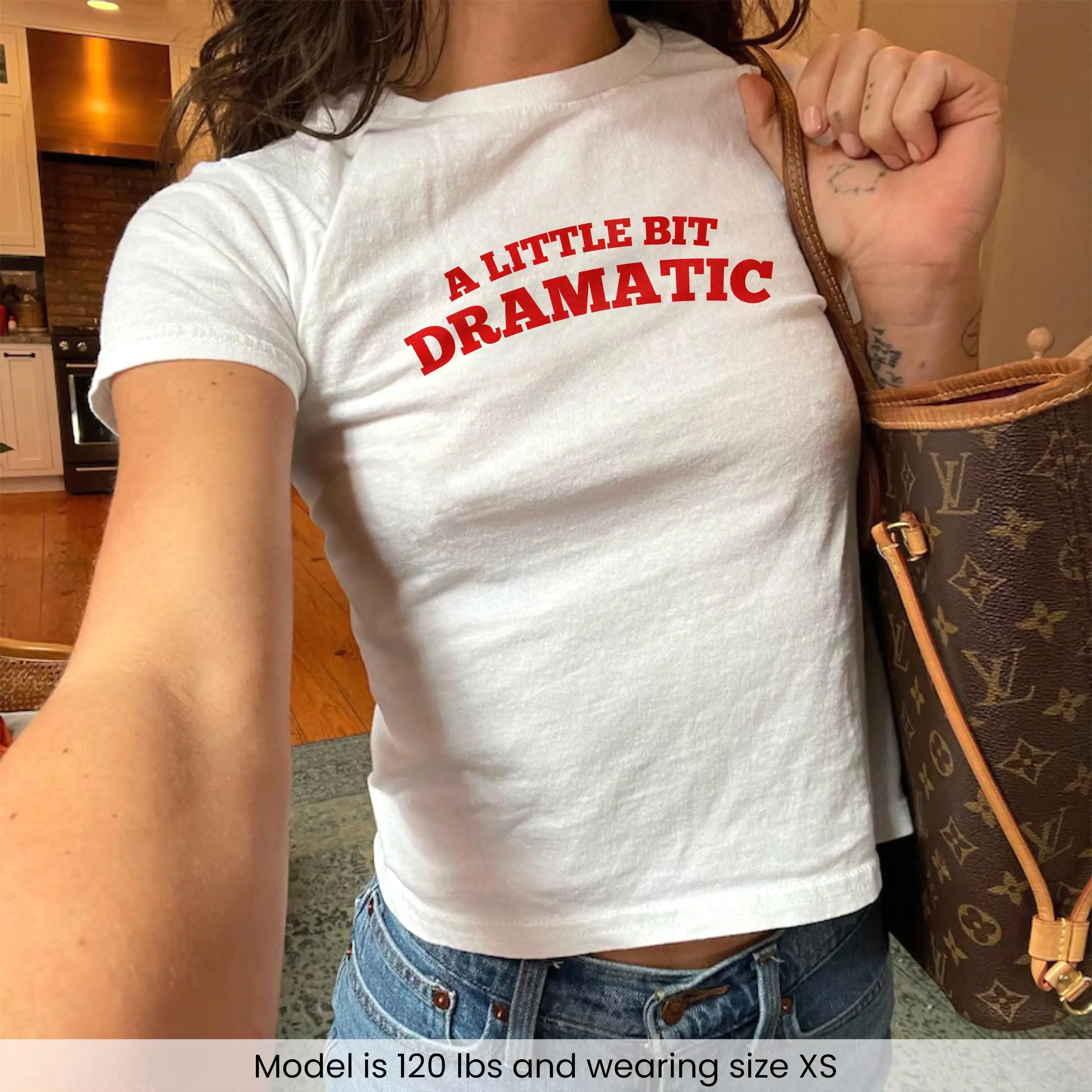 A Little Bit Dramatic Baby Tee, Y2K Women's Fitted Shirt, Cute Girly Funny Meme Tee, Trendy Cropped Top, Gift for Her, Cute GF Gift