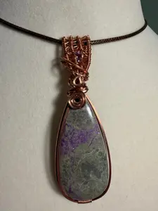 Atlantisite & Amethyst copper wire-wrapped pendant