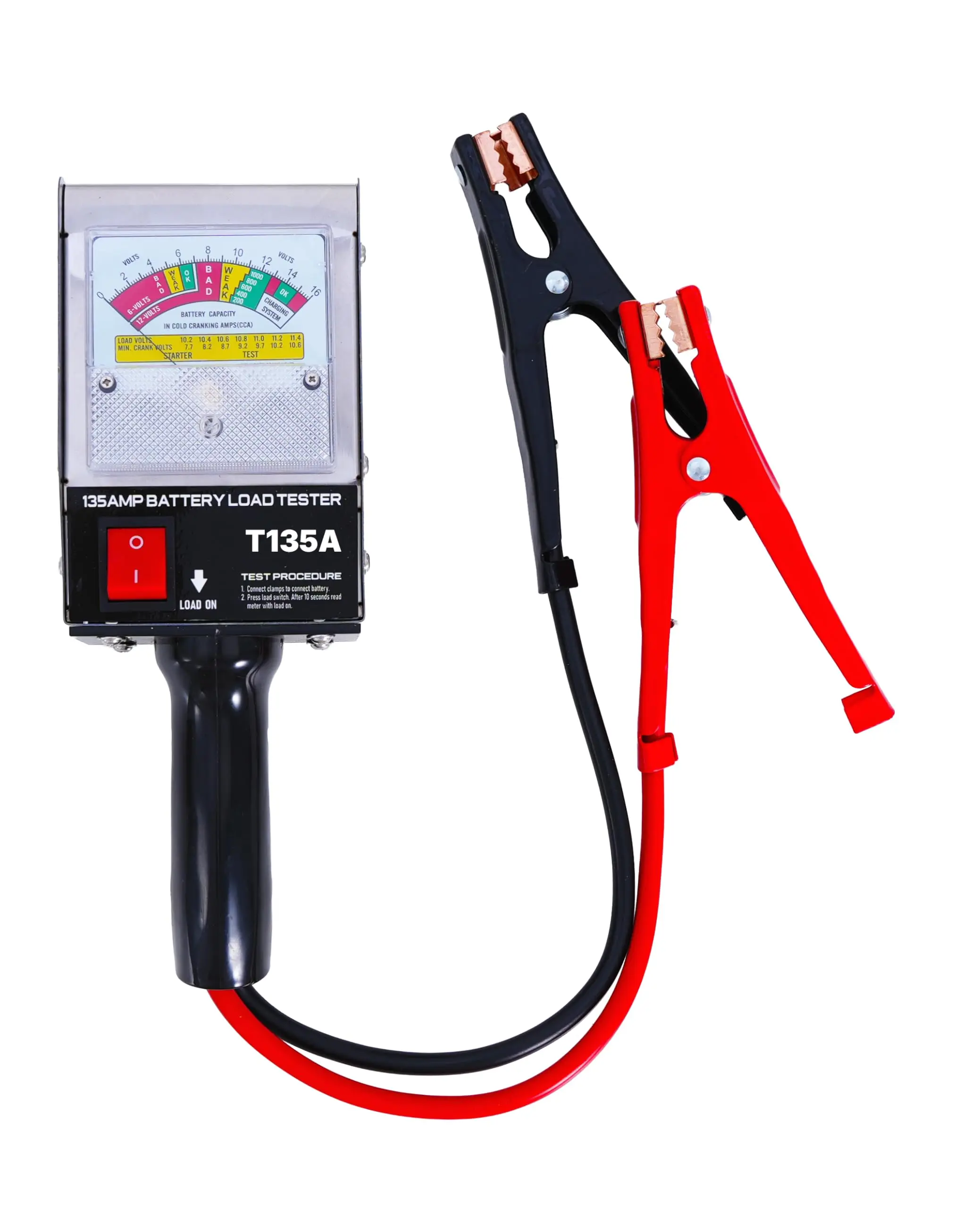 T135A Analog 6V/12V Vehicle & Motorcycle Load Tester - Compact Repair Tool with Analog Meter, 10-Second Fast Test, Copper Jaws, Easy-Read Gauge, Durable Clamps, Metal Housing for Garage & Workshop Use, Tests Batteries & Charging Systems