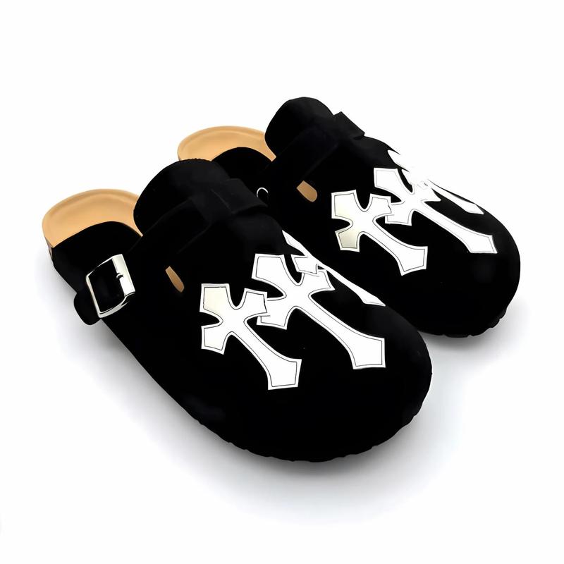 Saint Clogs Gothic Cross Buckle Clogs – Black Suede Slip-On Sandals for Men & Women | Comfortable Streetwear Shoes
