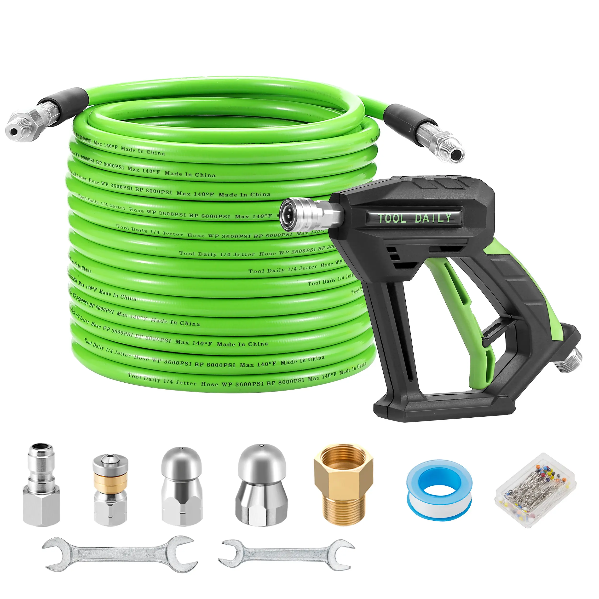 Tool Daily Heavy Duty Pressure Washer Sewer Jetter Kit - 50 FT PE Tube Drain Cleaner Hose, 1/4 Inch NPT, Short Ergo Handle Gun, Multi-Type Nozzles (Corner, Rotating, Button Nose), 3600 PSI, Swivel Fitting, Multi-Surface Use, Drain Unclogger