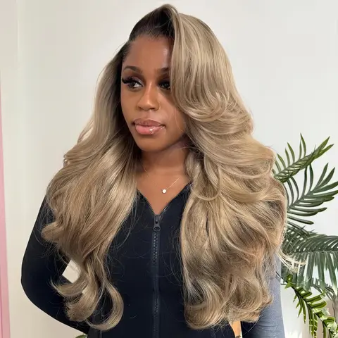 Women's 13X6 Transparent Lace Frontal Human Hair Wig, Short Body Wave Hairpiece for Adult Weddings, Brown Root Ombre Ash Milk Tea Blonde, 180% Density, Pre-Plucked with Baby Hair, 28inch-32inch, Heat Resistant Fashion Accessory