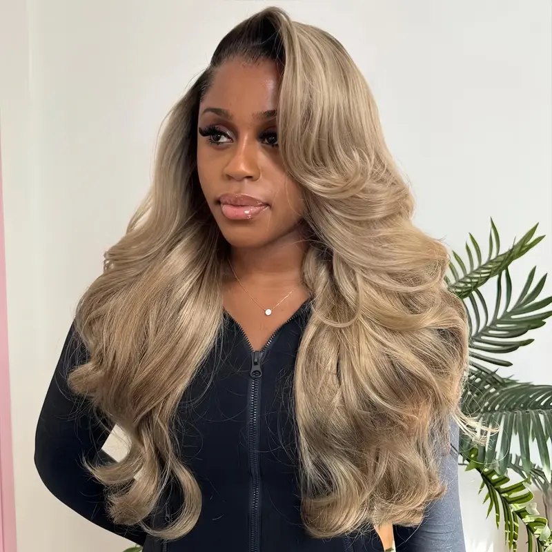 Women's 13X6 Transparent Lace Frontal Human Hair Wig, Short Body Wave Hairpiece for Adult Weddings, Brown Root Ombre Ash Milk Tea Blonde, 180% Density, Pre-Plucked with Baby Hair, 28inch-32inch, Heat Resistant Fashion Accessory