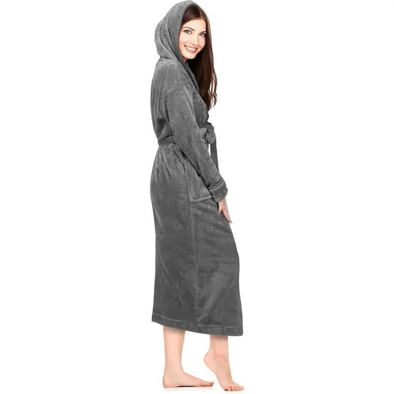 Women's Fleece Hooded Bathrobe Plush Long Spa Robe Women's Fleece Hooded Bathrobe Plush Long Spa Robe