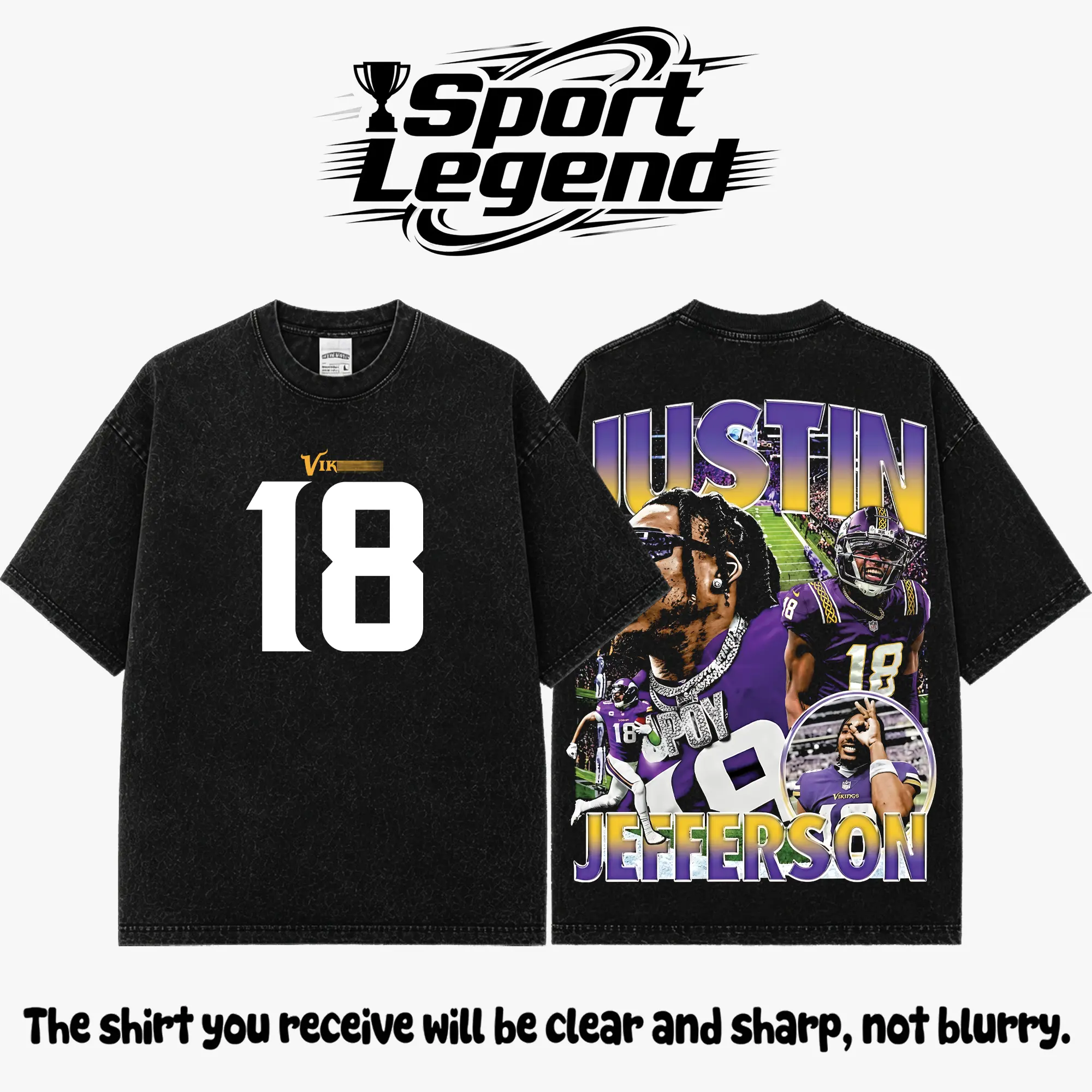 Justin Jefferson #18 Premium Acid Washed Cotton T-Shirt, Heavyweight Vintage Football Graphic Tee, JJettas Fan Shirt, Vikings Game Day Apparel, Oversized Washed Streetwear, Unisex Football Gift