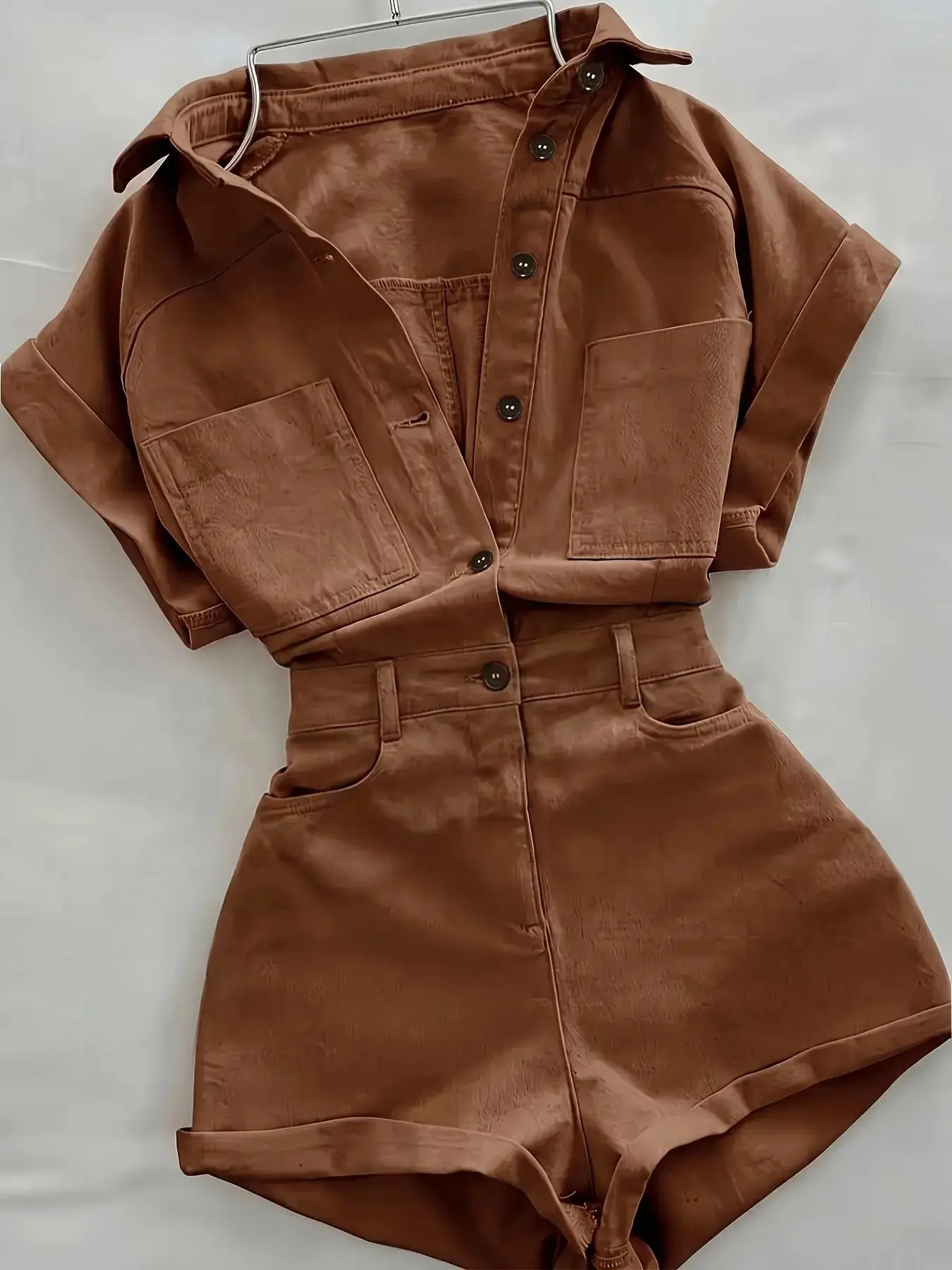 New Casual Workwear Romper Overalls for Women, Multi-Pocket Short Sleeve Shorts Dress, Comfortable and Stylish for Daily Wear