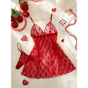 Women's Tulip Lingerie Set, Adjustable Thin Strap Nightwear & Thong, Heart Print Undergarments, Summer Sleepwear, 2-Piece Kit, Lady