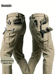 Men's Tactical Work Pants, Multi-Pocket Casual Fitted Pockets Pants, Comfortable Outdoor Pants, Soft Fabric, Plain Design, Suitable for Leisure and Travel