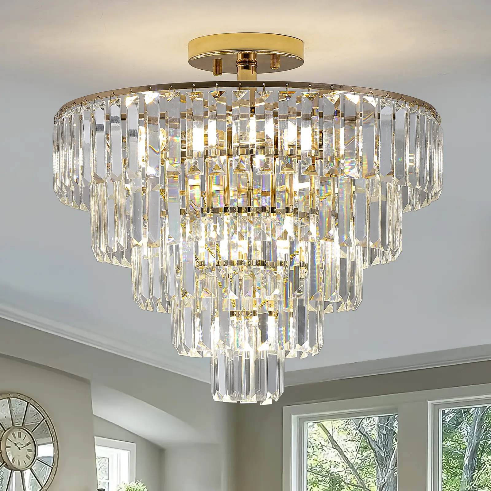19.6'' Crystal Chandelier, 10-Light Flush Mount Chandelier for Bedroom, 5-Tier Round Gold Crystal Light Fixture for Living Room, Entryway and Kitchen Island