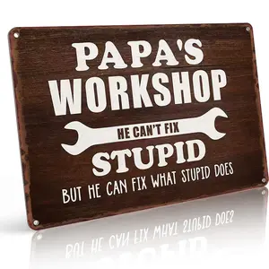 Papa's Workshop 8x12 Metal Sign - He Can Fix What Stupid Does - Rust-Proof Aluminum, Distressed Finish, Pre-Drilled Holes, Perfect for Dad Gifts & Man Cave Decor