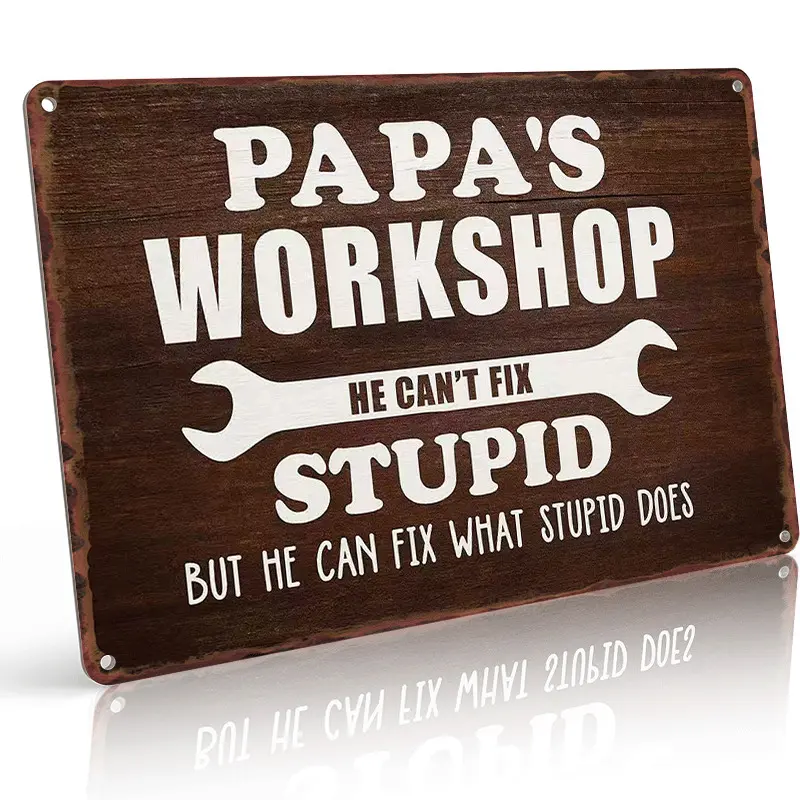 Papa's Workshop 8x12 Metal Sign - He Can Fix What Stupid Does - Rust-Proof Aluminum, Distressed Finish, Pre-Drilled Holes, Perfect for Dad Gifts & Man Cave Decor