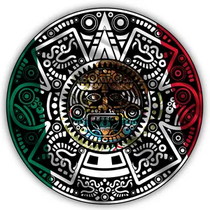 Mexican Flag Aztec Calendar Shaped Round Vinyl Sticker (Gift Idea) (Decal) (Nostalgic)