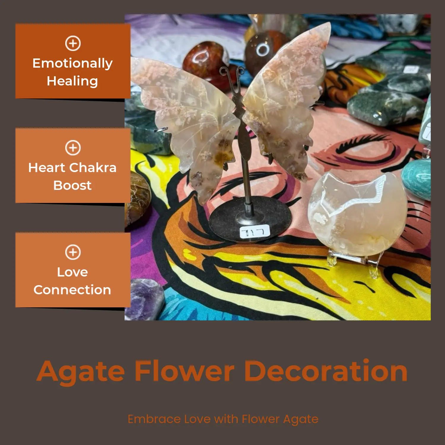 Natural Agate Stone Angel Wings & Jade Sphere Set - Carved Flower Agate Gemstone Decoration, Emotional Healing Jewelry, Heart Chakra Support, Love Connection Accessory, Wholesale Crystals, US Stock, no
