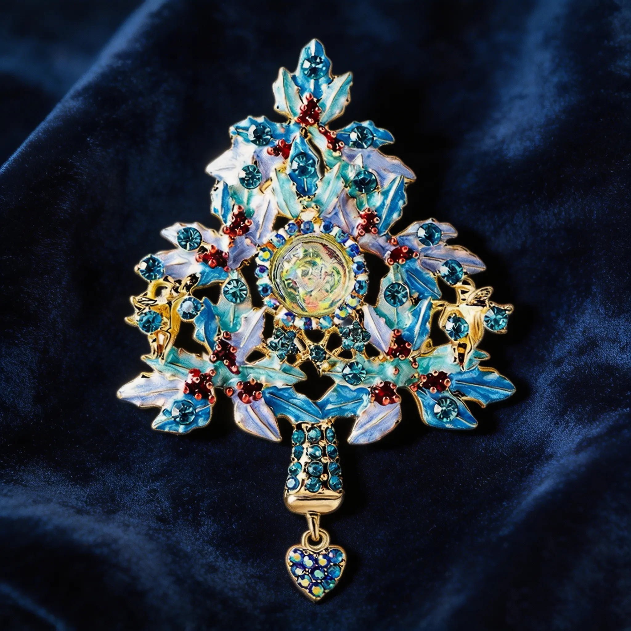 Women's Vintage Blue Enamel Christmas Tree Brooch Pin - Female Holiday Wear Jewelry with Angel Motif, Multi-Color Rhinestone Corsage, Enamel Stones, Crystal Heart Charm, Retro Winter Festival Gift for Coat Lapel, Glamorous, Floral, Elegant, Geometric, Han