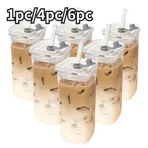 1/4/6 Counts Drinking Cup, High Borosilicate Thin Glass Rectangular Heat-resistant Glass Mug with Lid and Straw, Versatile for Hot Or Cold Beverages, Drinkware, Durable Glass Cup, Portable Set, Reusable