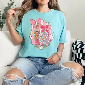 Preppy Nutcracker with Pink Bow Comfort Color T-shirt, Women's Holiday Religious Casual Cotton Top Soft Ring-spun 100% Cotton Relaxed Fit Christmas Gifts